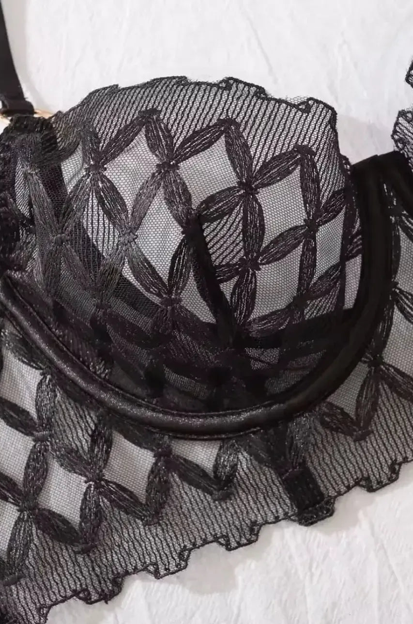 geometric lace underwire bra with chest harness flat display