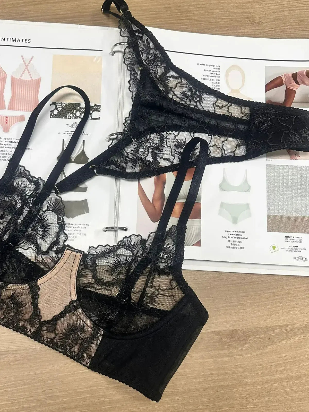 Detailed texture shot of Noir Veil black lingerie set combining delicate lace and sheer mesh.
