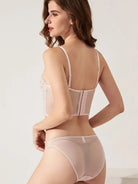 Blush Petal Embroidered Bustier Lingerie Set showcasing side-back design with soft mesh and floral lace details.