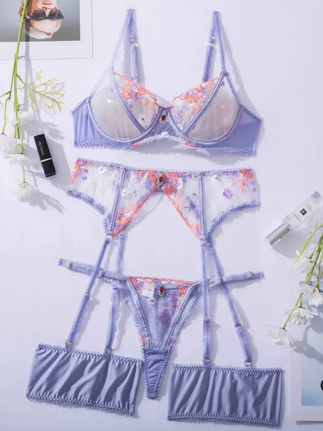 Lavender Bloom Embroidered Lace Lingerie Set flat lay showing complete ensemble.