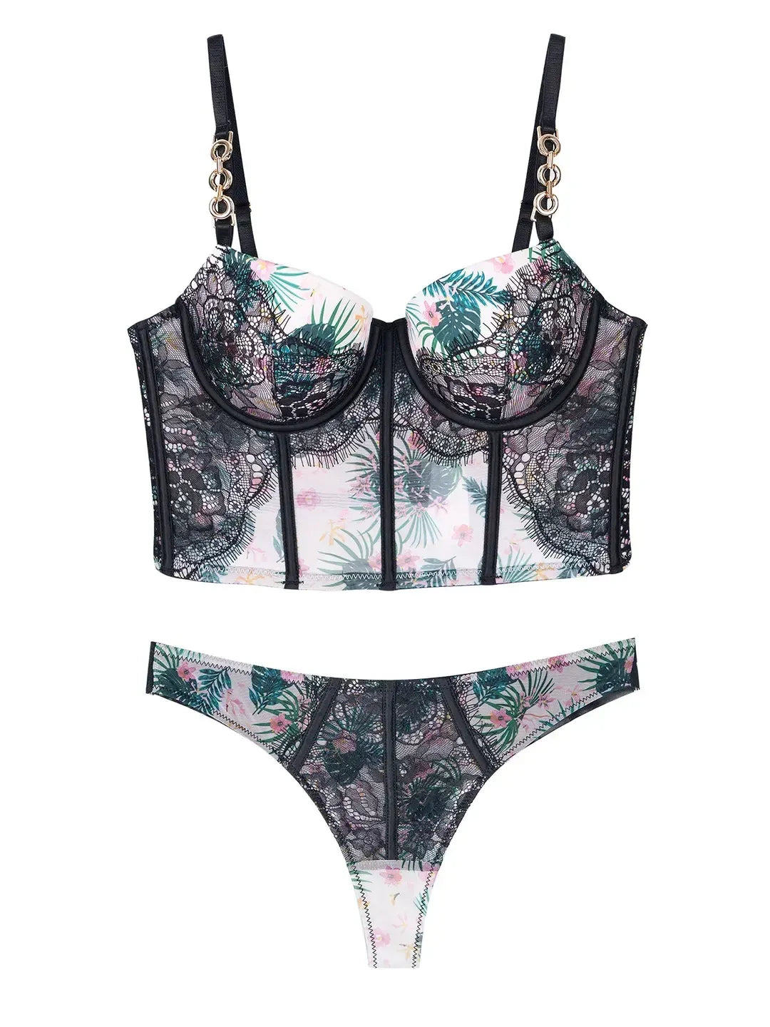 Hanging view of Moonlight Petal Printed Lace Corset Lingerie, ideal for photography with its elegant sheer print and lace finish.